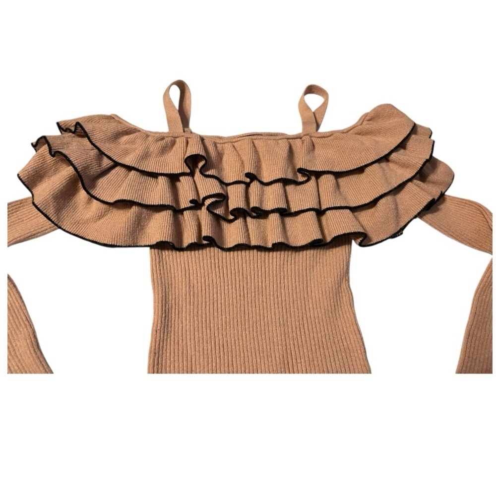 Off shoulder three tier ruffle chest long sleeve ribbed sweater shoulder straps. - Picture 4 of 7